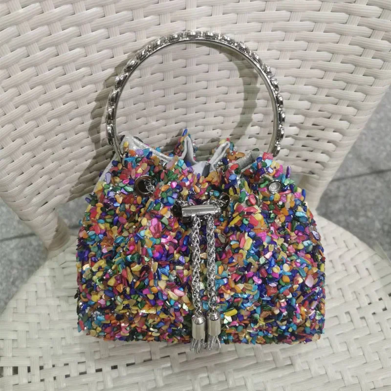 حقيبة بسلسلة شرابة سانت سوان للنساء ، نمط تويل ، صخور صغيرة ، رباط دلو ملون ، حقيبة محمولة ، تجارة إلكترونية عبر الحدود ،