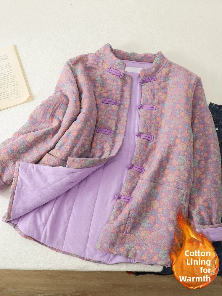 

Хлопковая куртка в стиле ретро в китайском стиле с цветочным принтом, женское пальто с воротником-стойкой и застежкой на пуговицы, длинная теплая зимняя верхняя одежда