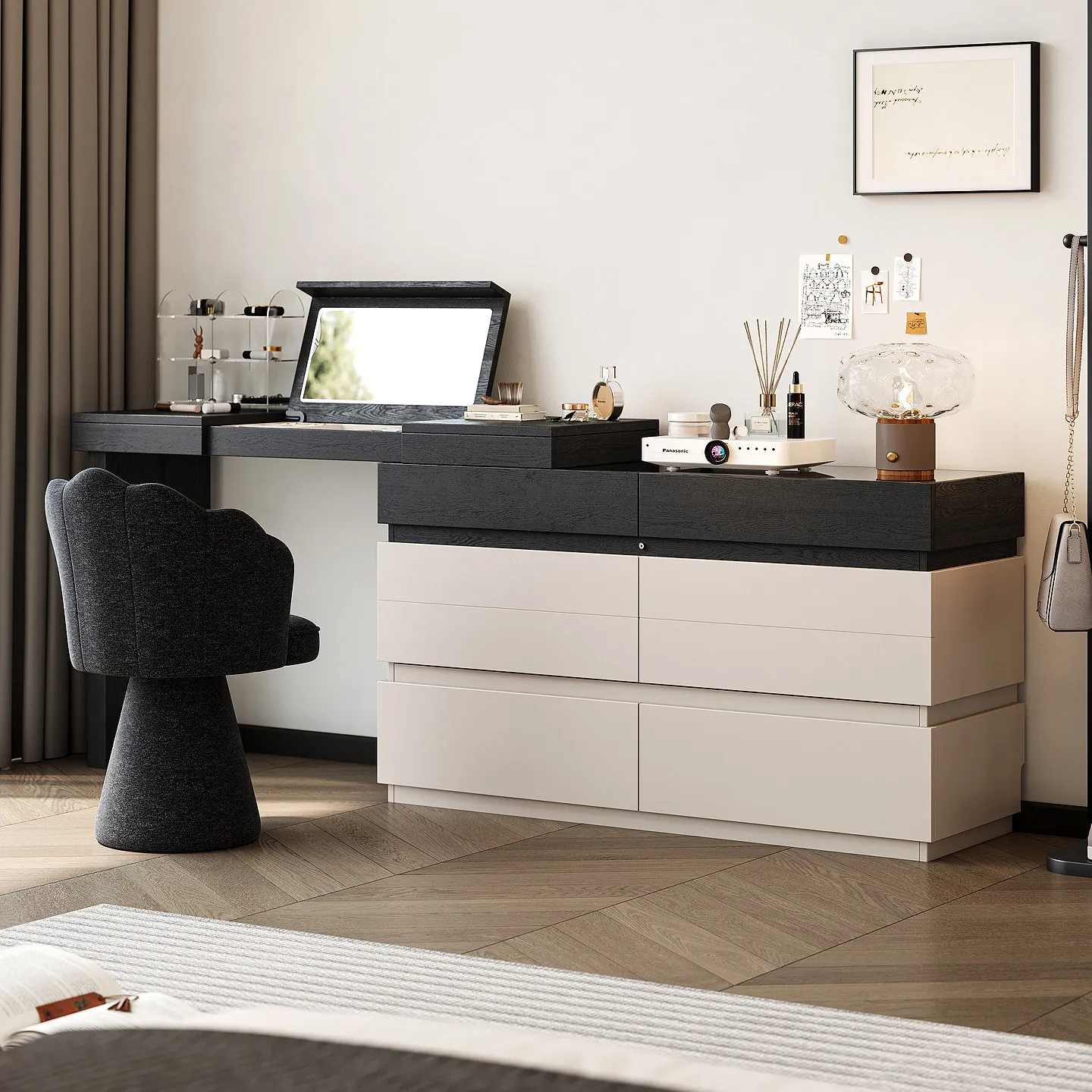 CX minimalist solid wood dressing table with a dresser cabinet integrated bedroom foot flip-top mirror vintage