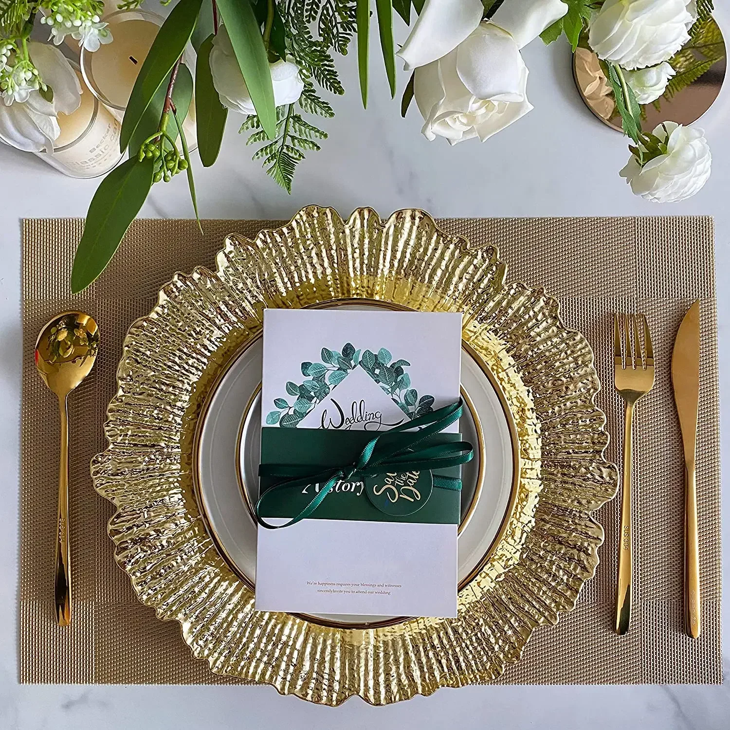 Placa de arrecife de cristal redondo para platos de cena, placa de cargador de oro de 13 pulgadas, 1 piezas, decoración elegante para fiestas de boda