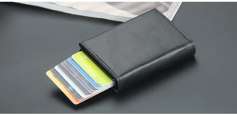 Magnetische RFID-blockierende Kreditkarteninhaber Männer Brieftaschen Anti-Diebstahl Aluminium Metall Pu Leder Kleine Pop-Up Brieftasche Karteninhaber Fall – Detail 17