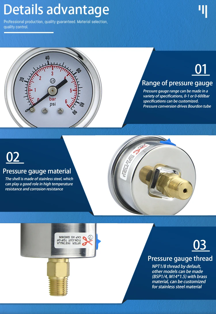 مقياس الضغط MAIRUIKESI 2 بوصة (50 مم) 2.5% NPT,G,ZG1/4 حافظة فولاذية اتصال خلفي مقياس المامومتر لغاز المياه المائية الهيدروليكية