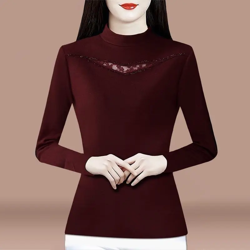 

Elegant Women Blouse With Lace Detailing Turtleneck Long Sleeve Slim Fit Spring Autumn Wear