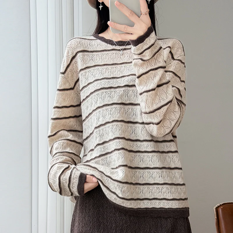 Retro striped round neck 100% cashmere sweater long sleeve loose pullover color matching sweater Western wild top
