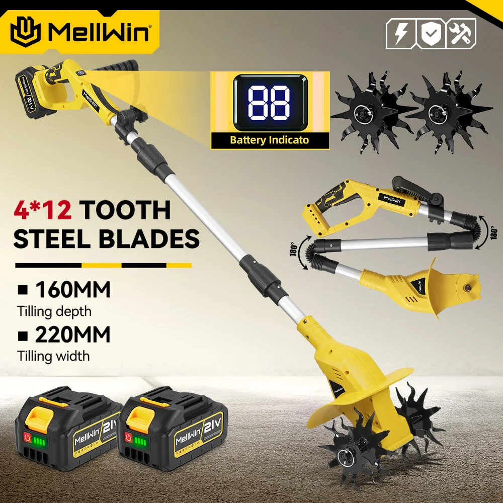 MELLWIN 1600W Elektrischer Gartenfräser Bodenkultivator Rototiller 1000 U/min Grab- und Kultivierwerkzeug 160mm Klinge 220mm Breite 160mm Tiefe für Makita 18V Akku