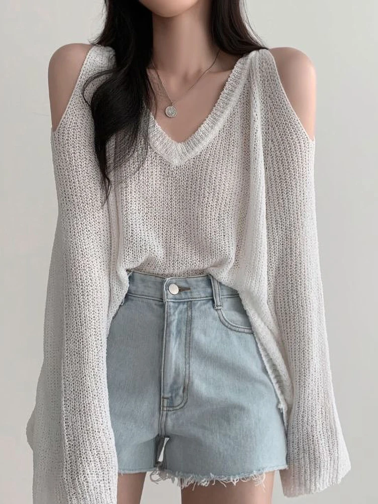 Korean Dongdaemun Off Shoulder Long Sleeve Sweater V-Neck Oversize Pullover Elegant Youth Sexy Knitwear 2024