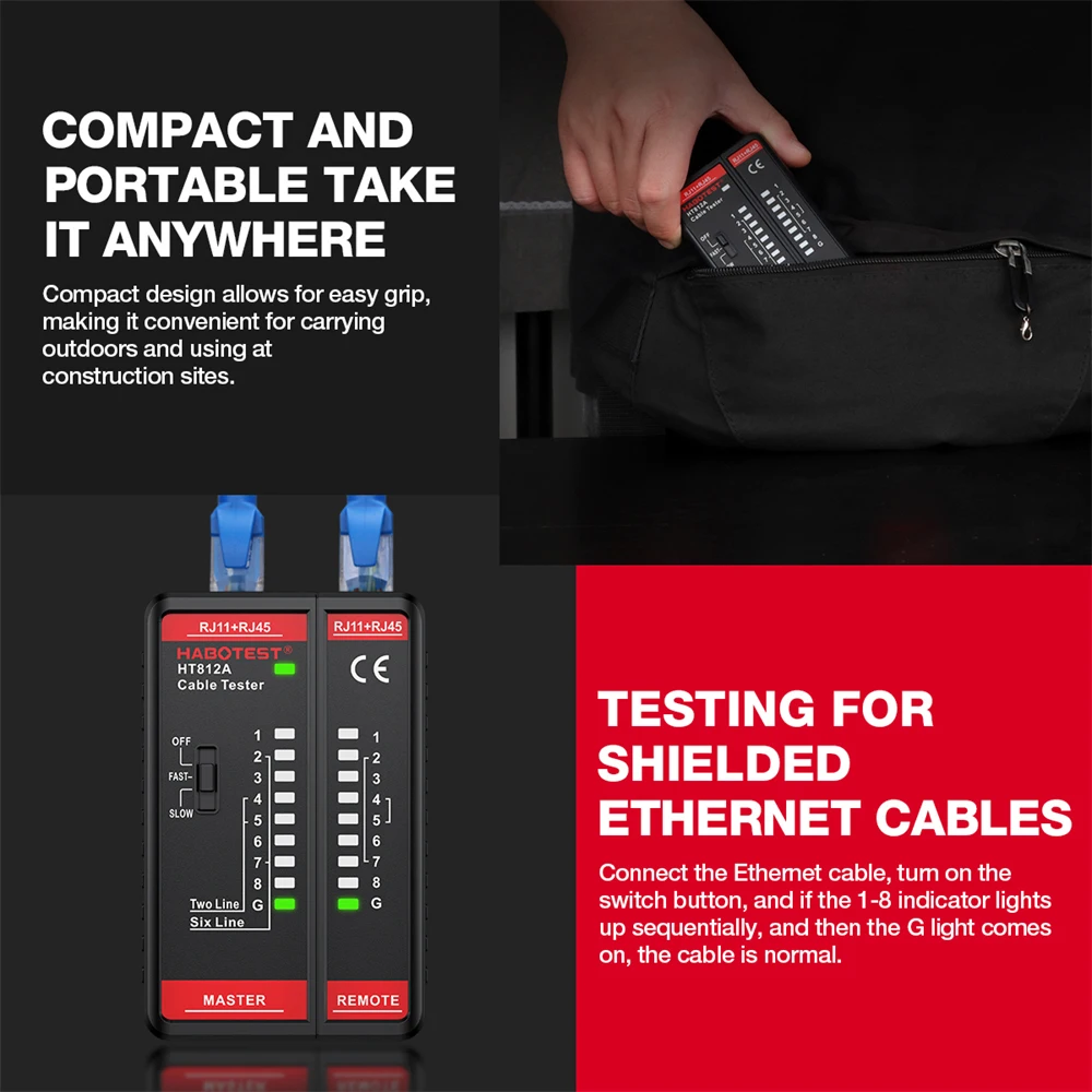 HABOTEST HT812A Cable Tester Network Telephone Cable 8P 6P 4P 2P & Shielded Line Continuity Ethernet Cable Tester RJ11 RJ45 Port view 5