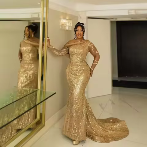 2025 Elegant One Shoulder Golden Sparkling Mermaid Ball Dress African Women's Birthday Evening Dress Customization