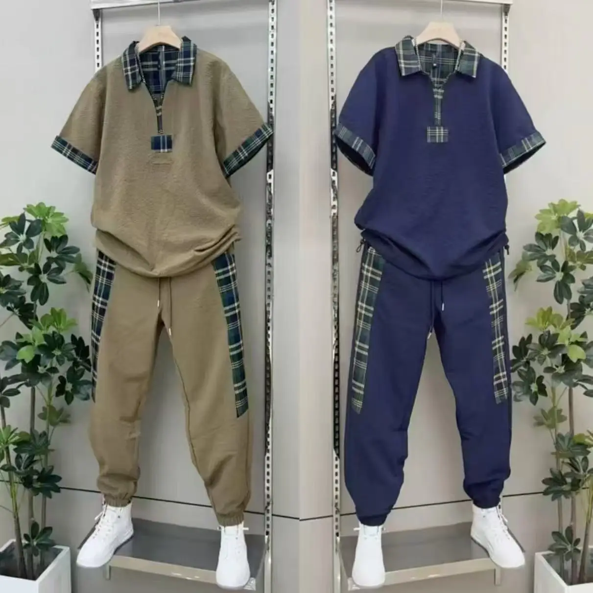 2025 Summer New American Leisure Splicing Set Men's Fashion Plaid Outdoor Sports Short Sleeve Handsome Haren Pants 2pcs