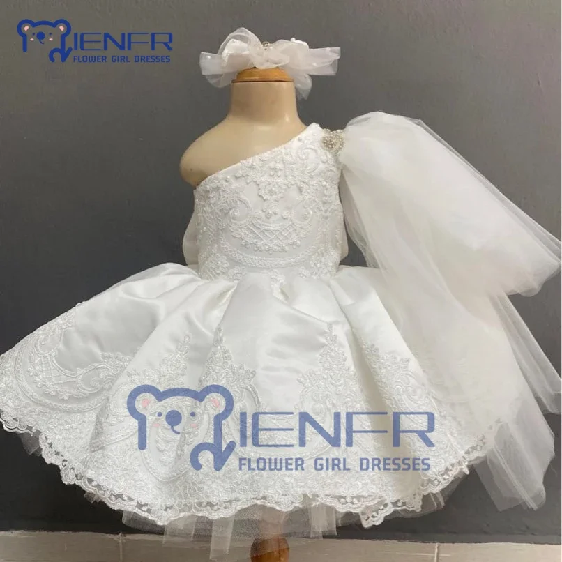 

White One Shoulder Flower Baby Girl Dress for Weddings First Communion Lace Princess Beauty Pageant Dream Kids Birthday Gown