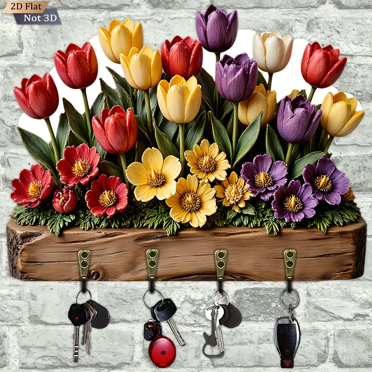 2D Retro Wooden Key Holder Colorful Flower Design Multi-Functional Wall Hanging Decorative Key Storage for Home Bedroom Gifts