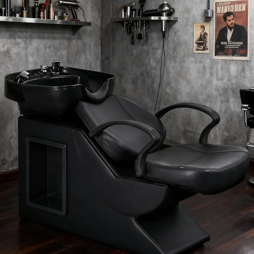 

Shampoo Bowl and Chair Set for Salon, Backwash Barber Chair, Plastic Shampoo Bowl Sink Unit w/Storage Box for Beauty Spa Barb