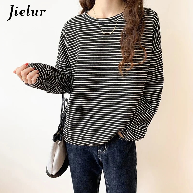 

Jielur Long Sleeve Striped T shirt Female Autumn New Spell Color Coffee Black Women T-shirts O-neck Loose Korean Basic Tops