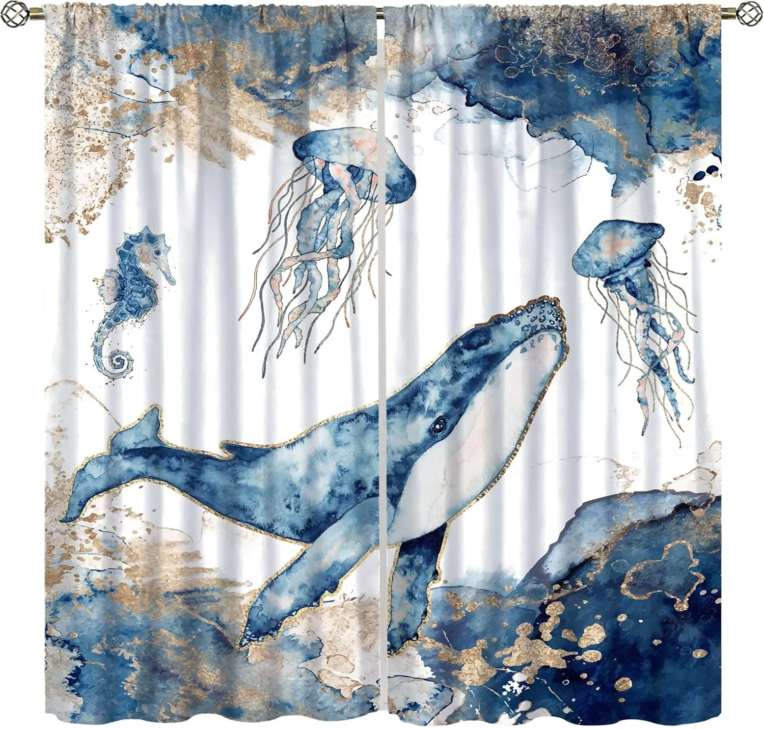 Whale Nautical Curtains for Kitchen,Sea Theme Ocean Undersea Blue Gold Marble Seahorse Jellyfish Nautical Animal Window Treatmen