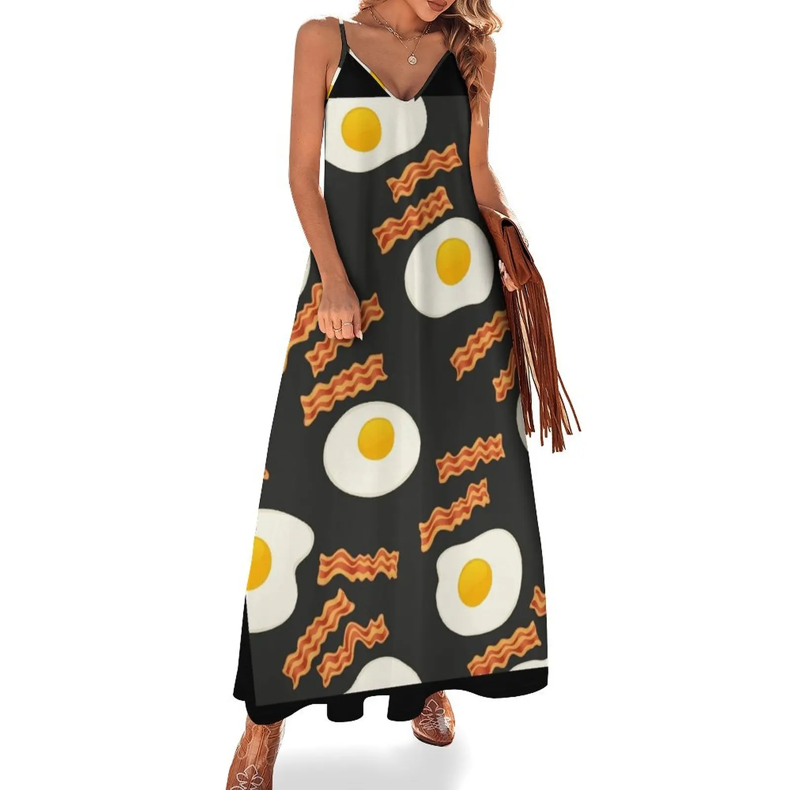 

Breakfast With Bacon and Eggs Seamless Vector Pattern Dark Sleeveless Dress Long dress woman loose summer dress
