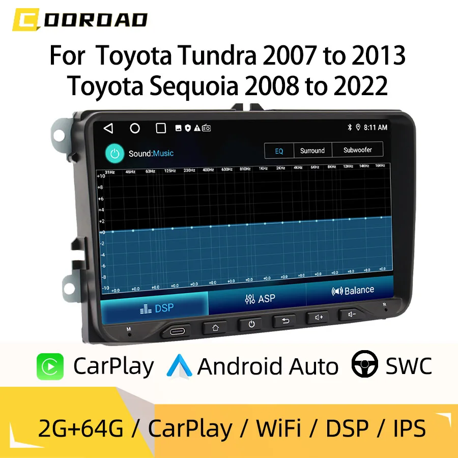Wireless CarPlay Android Auto Android 14 Touch Screen Multimedia GPS Wifi DSP Mirroring For Toyota Tundra /Sequoia 2007 to 2022