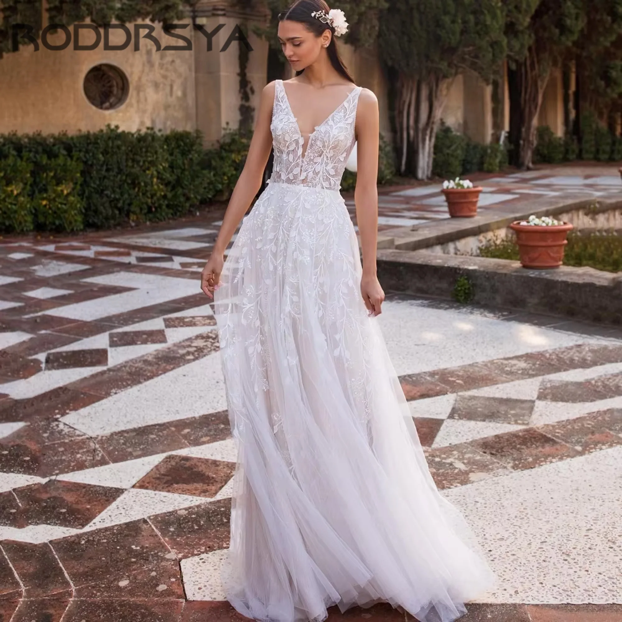 

RODDRSYA Lace A-Line Boho Wedding Dress V-Neck Tank Applique Bridal Dress Sexy Illusion Gowns Bride Vestidos De Novia Customized