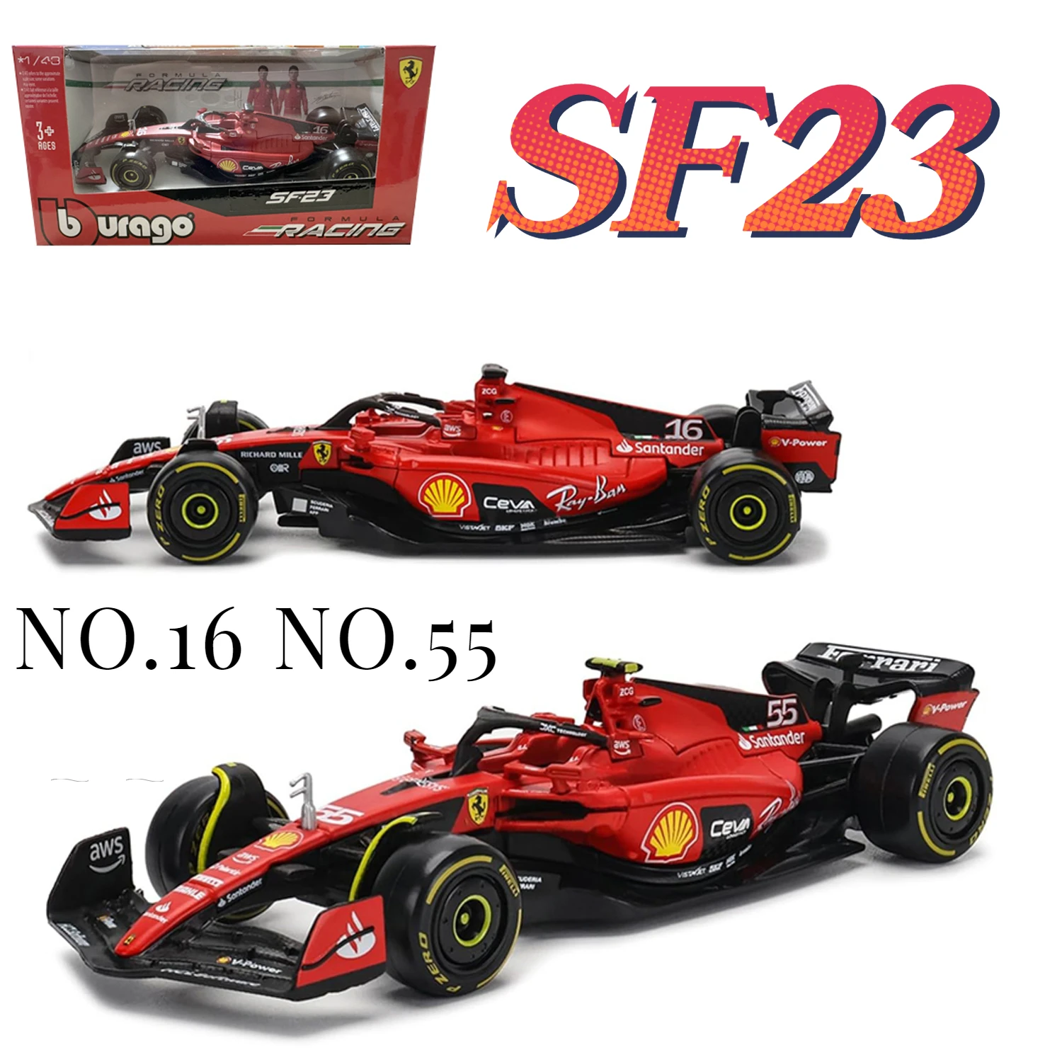 Bburago 2023 1/43 SF23 # 16 # Carro de corrida de liga 55 para Scuderia Ferrari Die Cast Adultos Modelo de exibição de carro Ornamentos Coleção Presente