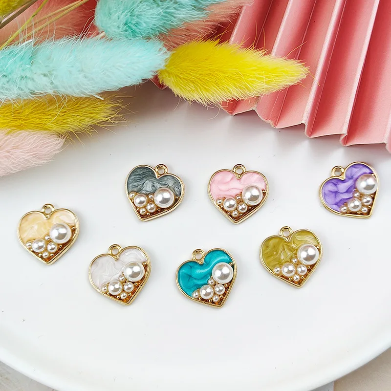 

MuhNa Mix 10pcs/pack Pearl Heart Enamel Charms Pendant Metal Golden For DIY Jewelry Handmade OL Style Finding Phone Case Decor