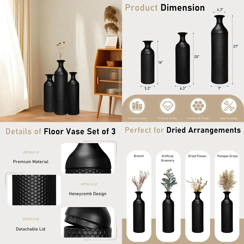 

Set of 3 Black Metal Floor Vases - Honeycomb Texture, Tall Standing Vases for Home and Office Decor