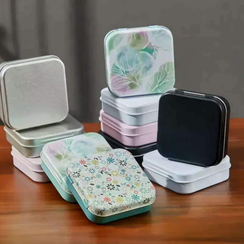 2Pcs Square Colored Flip Top Tin Box Portable Jewelry Candy Medicine Storage Box Hand Sticker Case Earphones Organizer