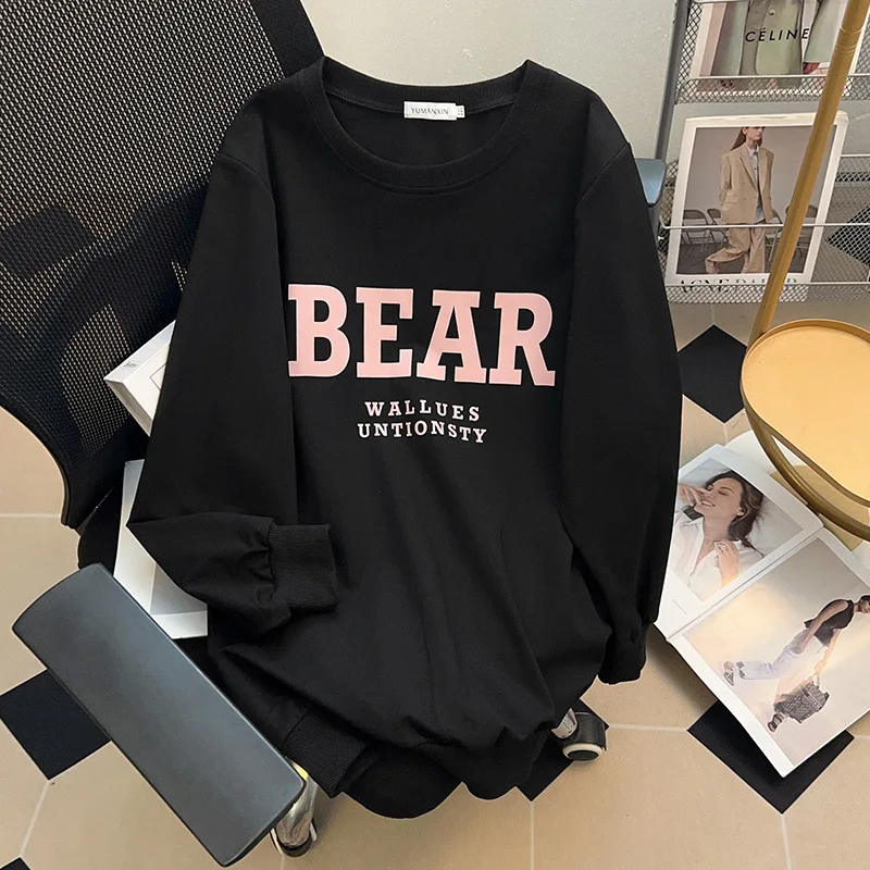 175Kg Plus Size Women's Bust 170 Spring Autumn Loose Sweatshirt Printed Letter Top Black White 6XL 7XL 8XL 9XL 10XL 11XL