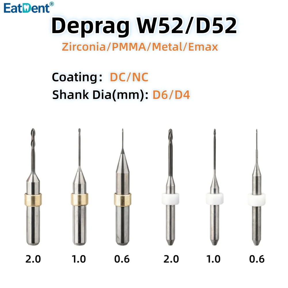 Deprag W52 D52 Dental Milling Burs for Zirconia Lithium Disilicate/Emax Glass-ceramic Metal PMMA D4/D6 DC Coating Milling Drills