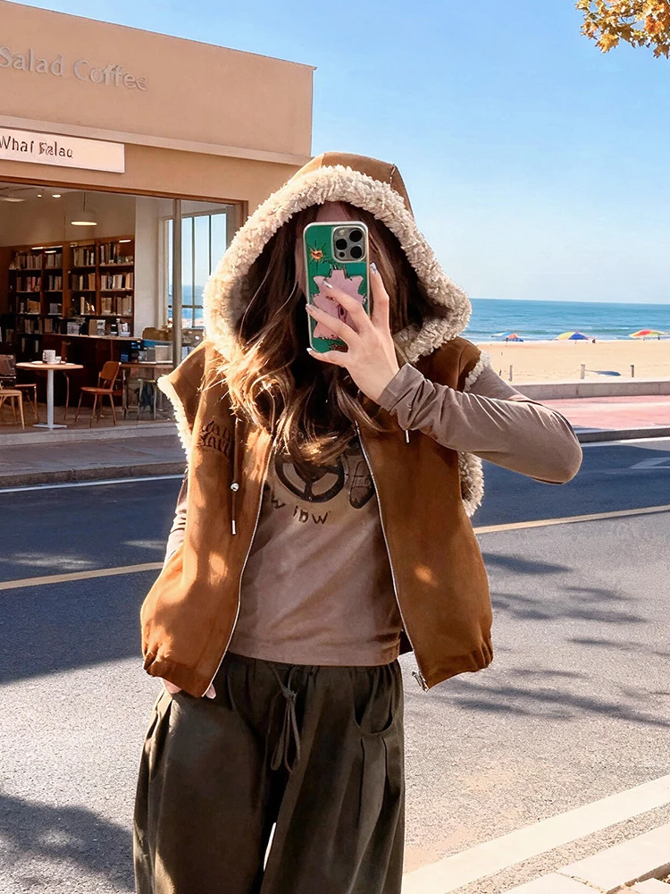 

Korean Sle Retro Lamb Fur Hooded Vest Women's Thiened Outerwear Autumn Winter New Sle High-End Feelings Jaet