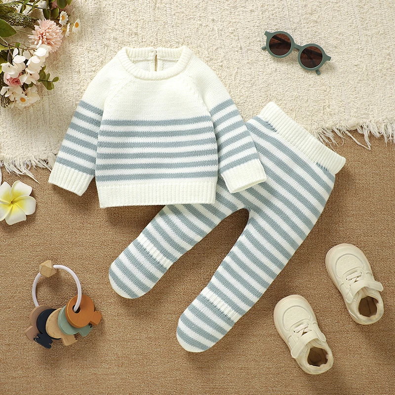 0-1J Babykleidung Modische Gestreifte Strickpullover+Leggings Neugeborene Jungen Mädchen Outfits Sets 2-teilig Kleinkind Strickwaren