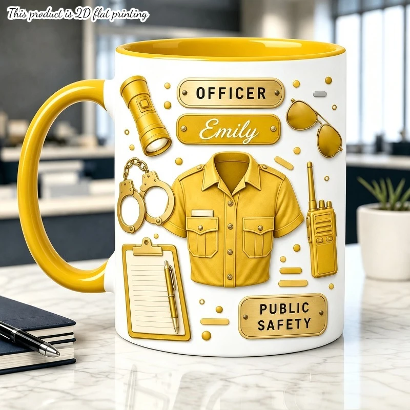 Gold Yellow Police Officer Uniform Creative Mug Custom Name Ceramic Coffee Gift Cup for Public Servant Office Home Outdoor Party
