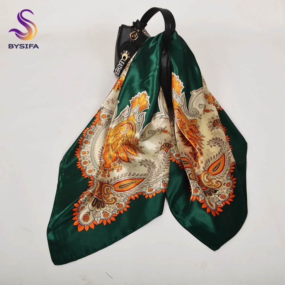 Fashion Brand Women Beige Polyester Silk Scarf Shawl New Style Big Square Ladies Satin Scarves Hijabs Printed Silk Wraps 90*90cm