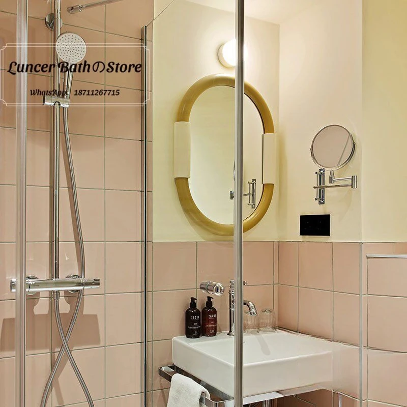 French Vintage Oval Bathroom Mirror, Dopamine Style Wall Mounted Ins Mirror for Toilet, MCM Makeup Vanity Decor Mirror