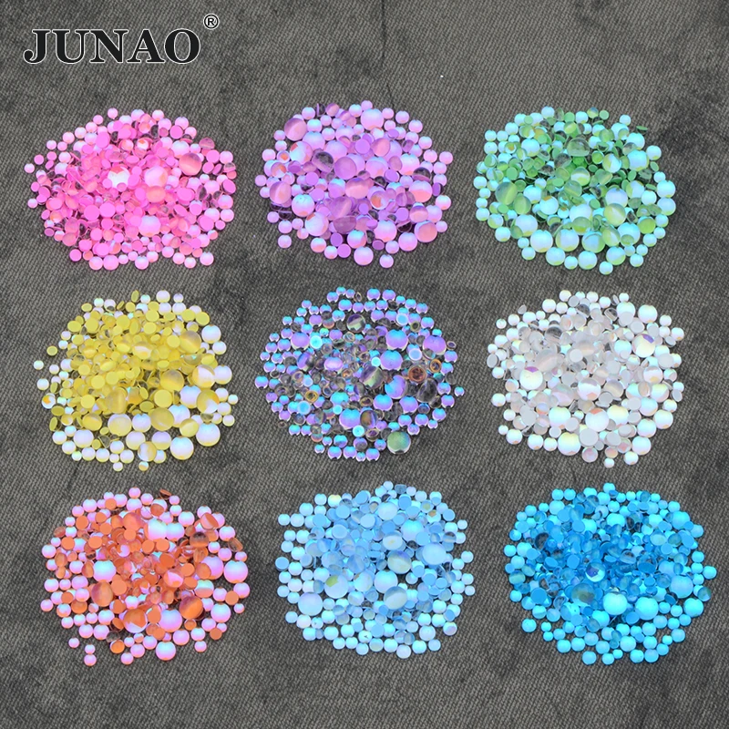 JUNAO Mix Size 1440pcs Pink AB Glass Mermaid Rhinestones Half Round Beads Flatback Nail Art Crystal Stones Non Hotfix Strass