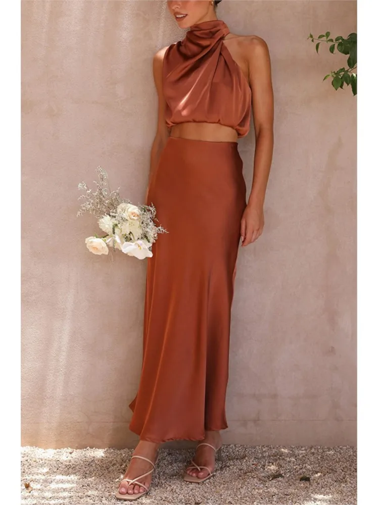 Women\'s Two-Piece Satin Long Skirt Sleeveless Fashion Off The Shoulder Elegant Solid Color Short Top A-line Skirt Two-Piece Set
