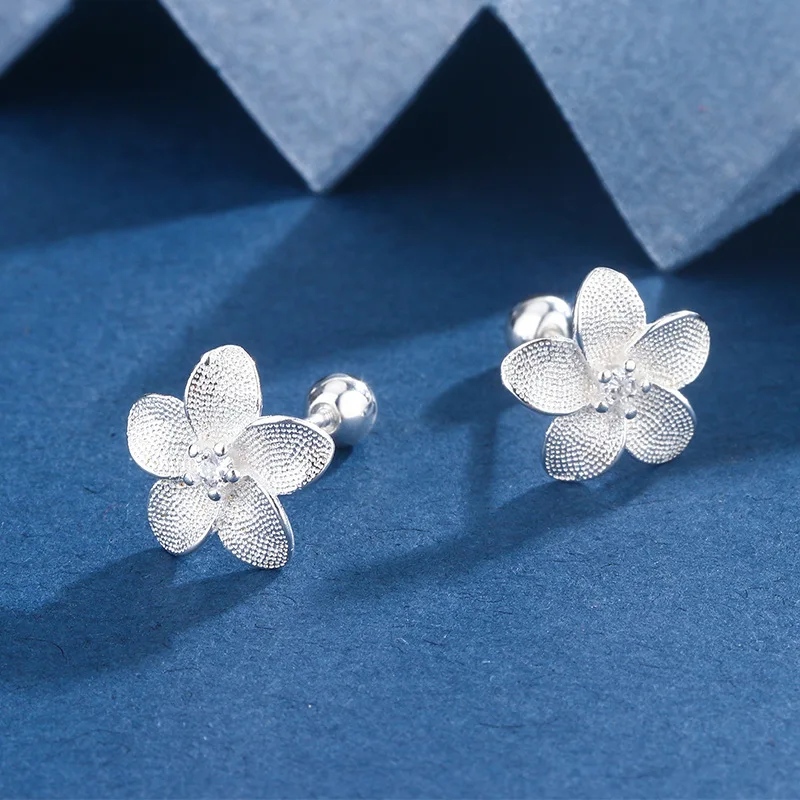 New Creative Silver Color Gardenia Flower Piercing Screw Ball Stud Earrings For Women Girls Charm Party Jewelry Accessories Gift