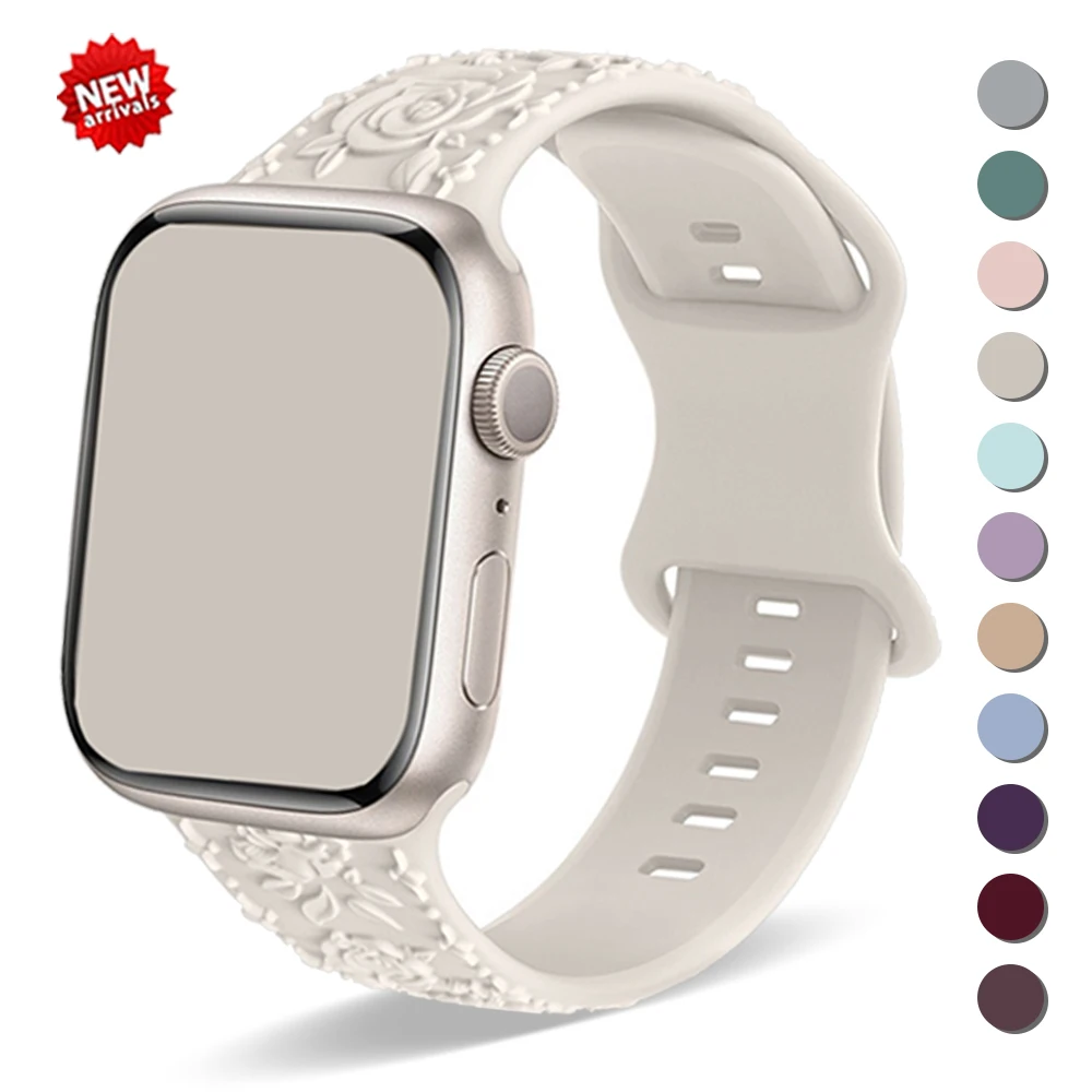 Faixa de Silicone Feminina Gravada Suave para Apple Watch, Correia para iWatch Series 9, 8, 7, 6, 5, 4, Se, 3, 38mm, 40mm, 41mm, 42 milímetros, 44 milímetros, 45 milímetros