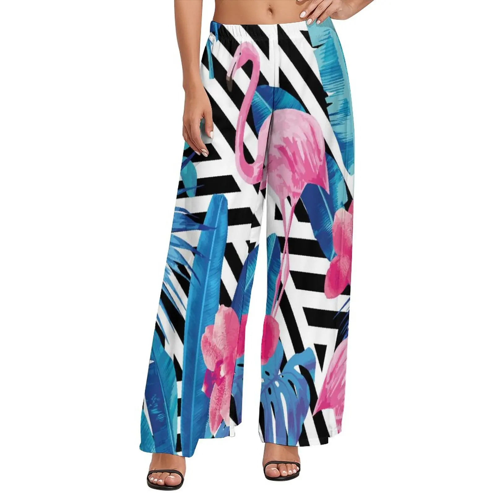 Flamingo Art Pants Daily High Waisted Stripe and Leaf Print Elegant Wide Pants Woman Big Size Beach Print Straight Trousers