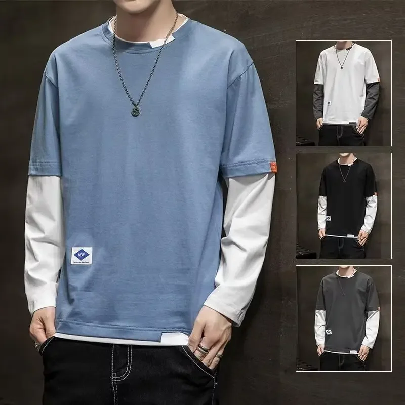 2022 Autumn New Men's Long Sleeve T-shirt Trendy Brand Two-piece Illusion Top Korean Style Loose-fit Versatile Tee