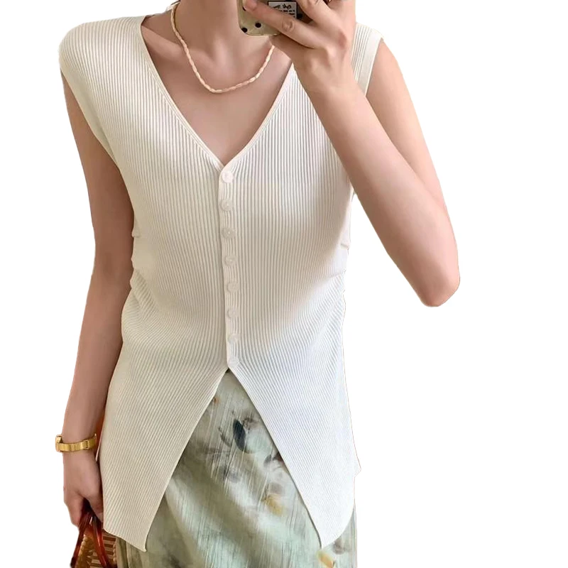 

French Solid Color V-neck Sleeveless Single-breasted Chic Knitted Vest For Women