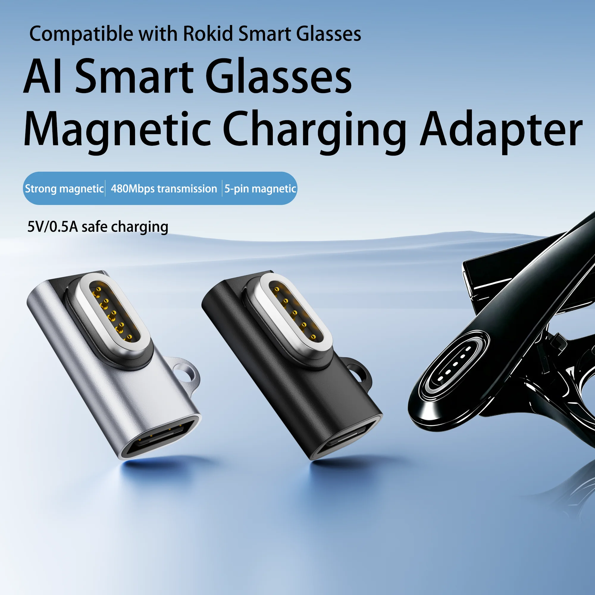 Type‑C Charging Adapter For Rokid AI Smart Glasses 5‑Pin Magnetic Connector 5V 0.5A Safe Charge 480Mbps Data Transfer Converter