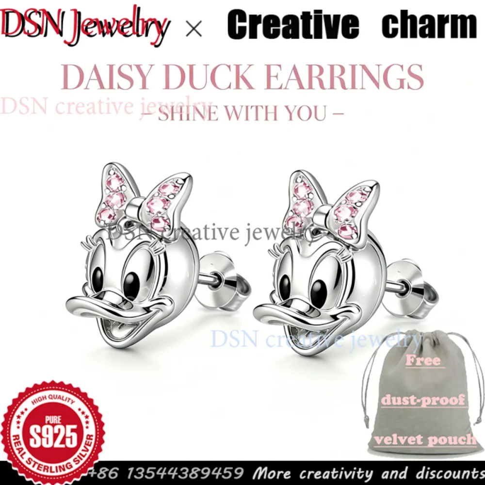 Pendientes de Plata S925 con Diseño de Pato y Lazo de Circonita Rosa, Estilo Animal, para Mujer, Joyería de Diseño de Moda, DSN Jewelry