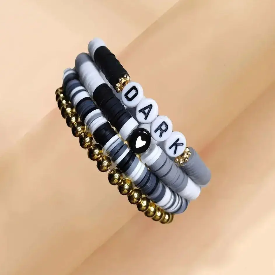 

Handmade Cool Black Bohemian Heart Shinning Bead Letter Bracelet For Girl Women Soft Clay Color Summer Party Friend Gift