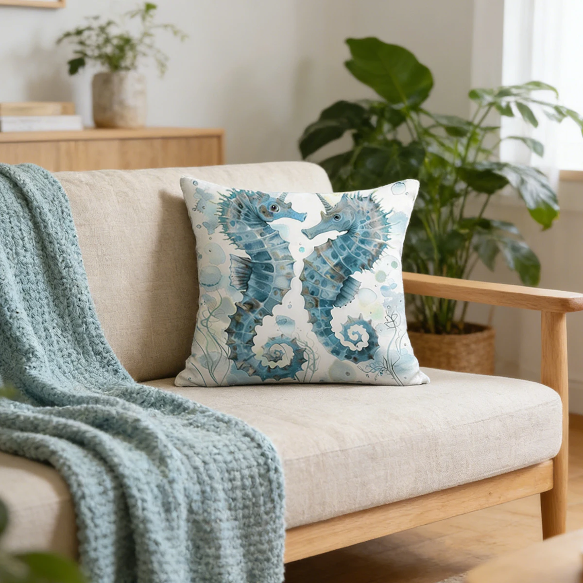 1pc Ocean Series Pillow Cover, Ocean Biology Printed Pillow Cover, Sea Horse, Sea Turtle, Sea Star Shell Pattern