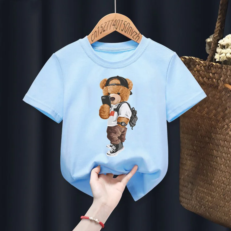 Lustige Bär Selfie Print Rot Kind T-shirts Kinder Baby Schwarz Harajuku Kawaii Kleidung Junge Mädchen Tops Geschenk Präsentieren, drop Schiff