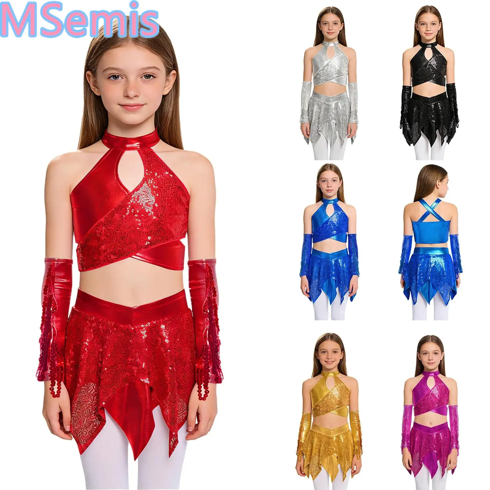 Kids Girls Jazz Dance Costume Cross Keyhole Sparkly Sequins Metallic Crop Top with Asymmetric Skirt And Sequined Tassels Gloves
