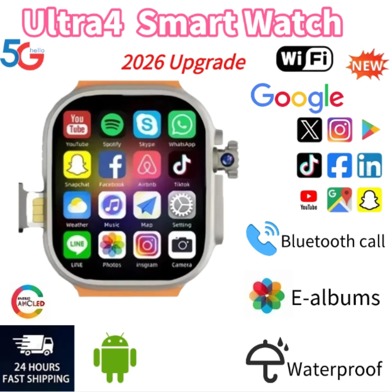 5G Network Smartwatch Ultra4 SIM Card Rotating Camera Android 9.0 Bluetooth GPS Positioning Play Store Global Version WiFi Phone
