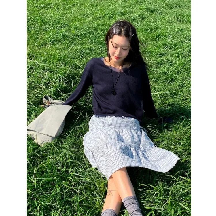 Plaid A-Line High Waist Elastic Waist Layered Midi Skirt Casual Style Women's Half Body Skirt High Waist Design Chinese Origin