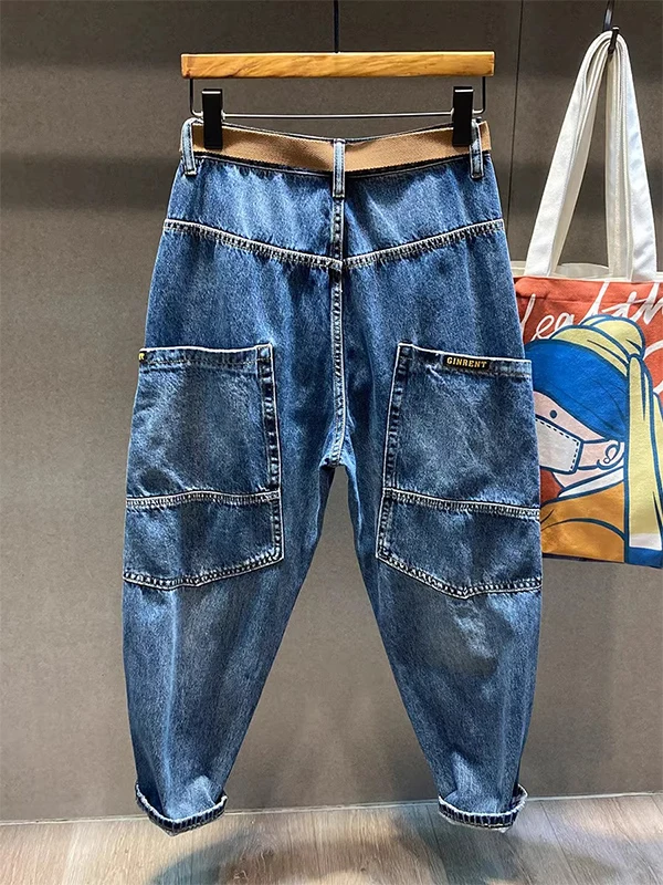 

Мужские джинсы-шаровары свободного кроя на весну-лето, рабочие джинсовые брюки с большими карманами, в стиле ретро-американский кэжуал