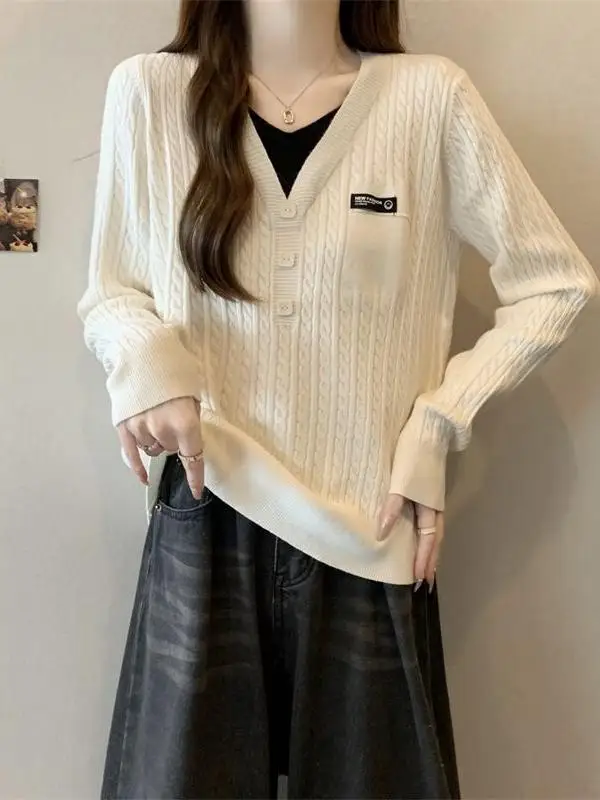 حجم كبير المرأة فضفاضة التخسيس V-Ne محبوك سترة الخريف الشتاء Faionable الشباب العلوي رعب سترة