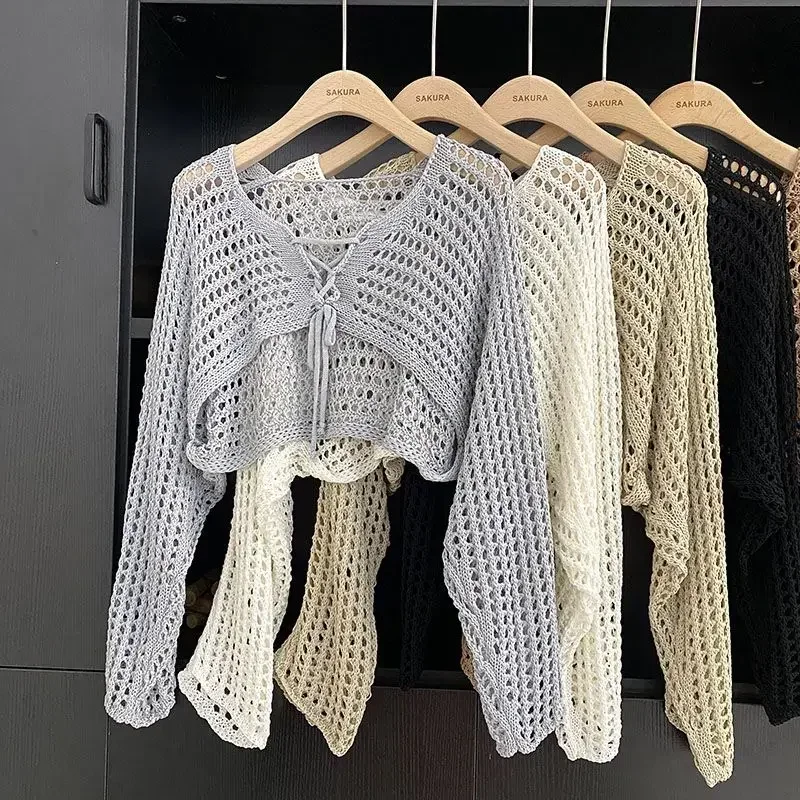 

Knitted Cardigan Women Summer Thin Sunscreen Knitwear Tops Hollow out Female Korean Style Sleeve Short Coat